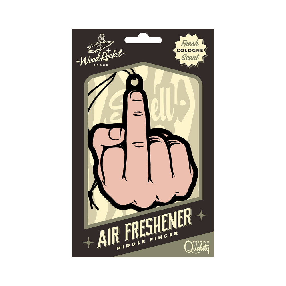 Wood Rocket Air Freshener Middle Finger Peach hanging in a car