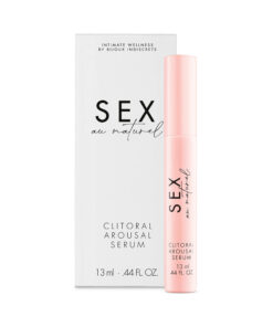 Bijoux Indiscrets Clitoral Arousal Serum glass dropper bottle with a wooden cap on a muted nude backdrop.