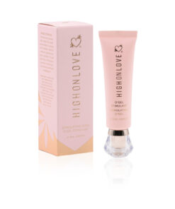 HighOnLove Diamond Stimulating O''Gel bottle with silky gel droplet on fingertip
