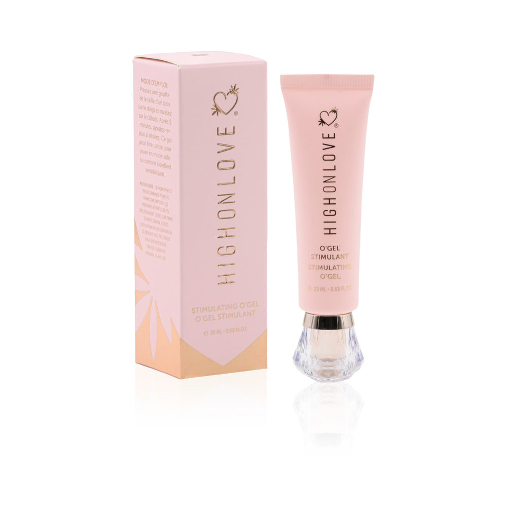 HighOnLove Diamond Stimulating O''Gel bottle with silky gel droplet on fingertip