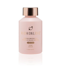 HighOnLove CBD Sensual Massage Oil Sugar High bottle with dropper on satin sheets