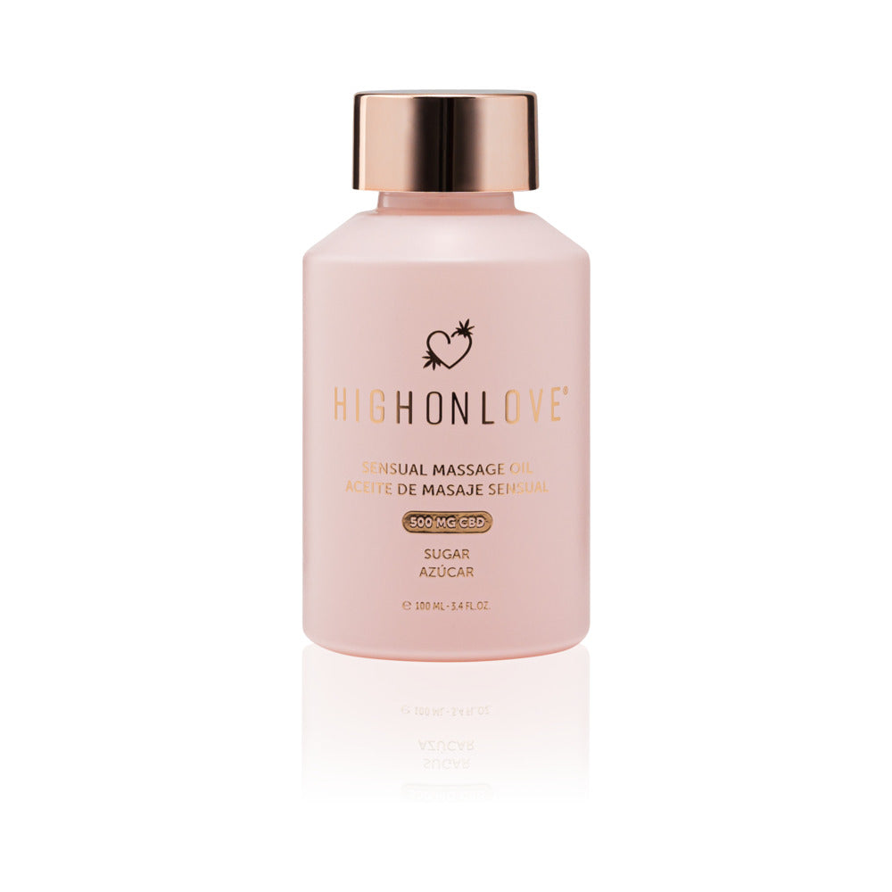 HighOnLove CBD Sensual Massage Oil Sugar High bottle with dropper on satin sheets