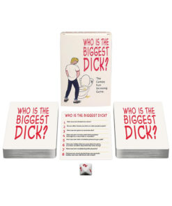 Colorful cards from Who's the Biggest Dick? Drinking Card Game fanned out next to drinks