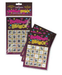 Bedroom Bingo game box by Little Genie showing scratch-off challenge cards and coin on a soft background.