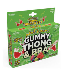 Sweet & Sour Gummy Thong and Bra set in bright fruity colors on a white background