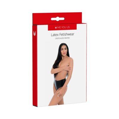 Me You Us Latex Crotchless Panties Small on satin backdrop