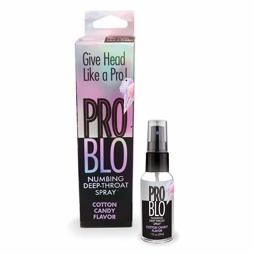 Pro Blo Numbing Deep Throat Spray Cotton Candy 1 oz bottle with pink and blue packaging