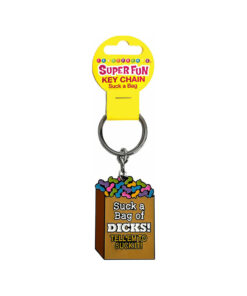 Suck a Bag of Dicks keychain dangling from a set of car keys