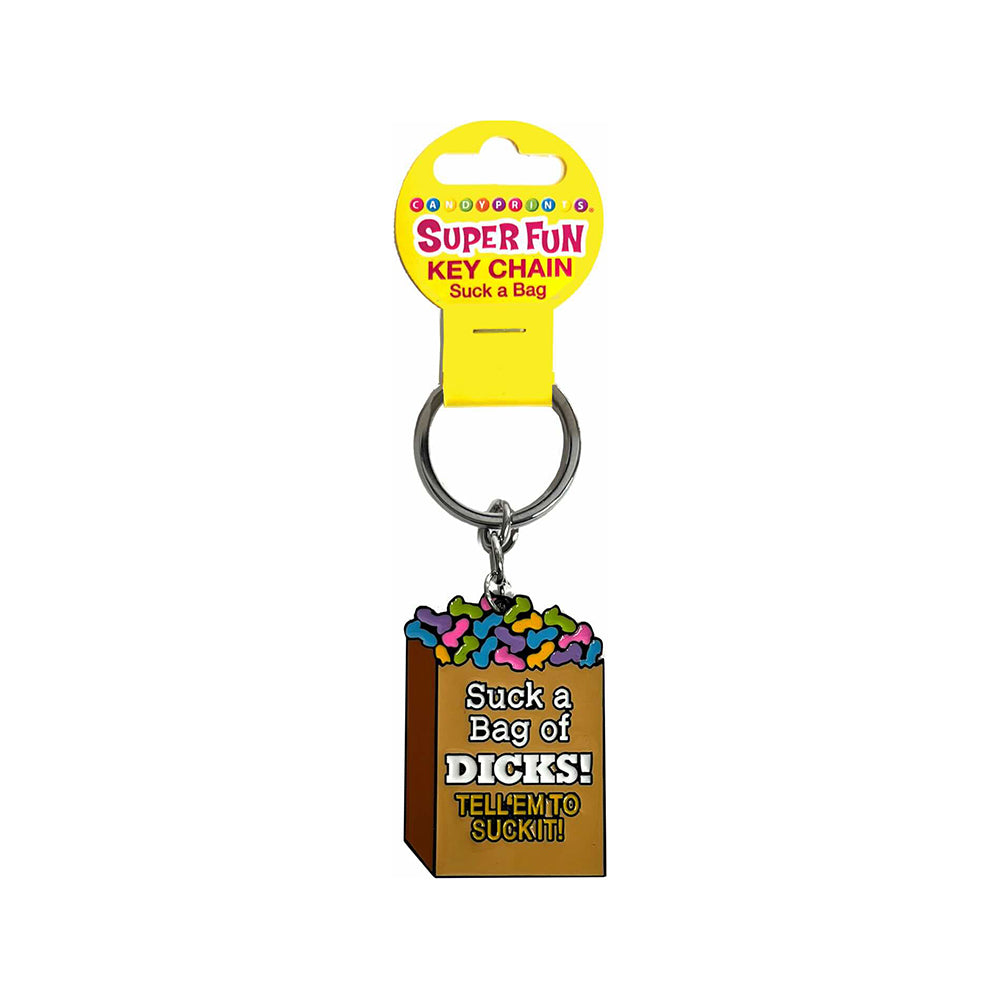 Suck a Bag of Dicks keychain dangling from a set of car keys