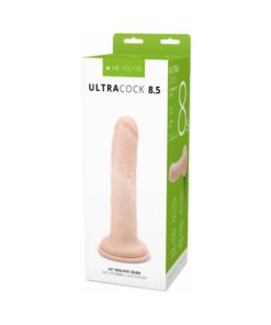 Me You Us Ultra Cock 8.5 in. Realistic Dildo Vanilla with lifelike veins and suction cup base on white background.