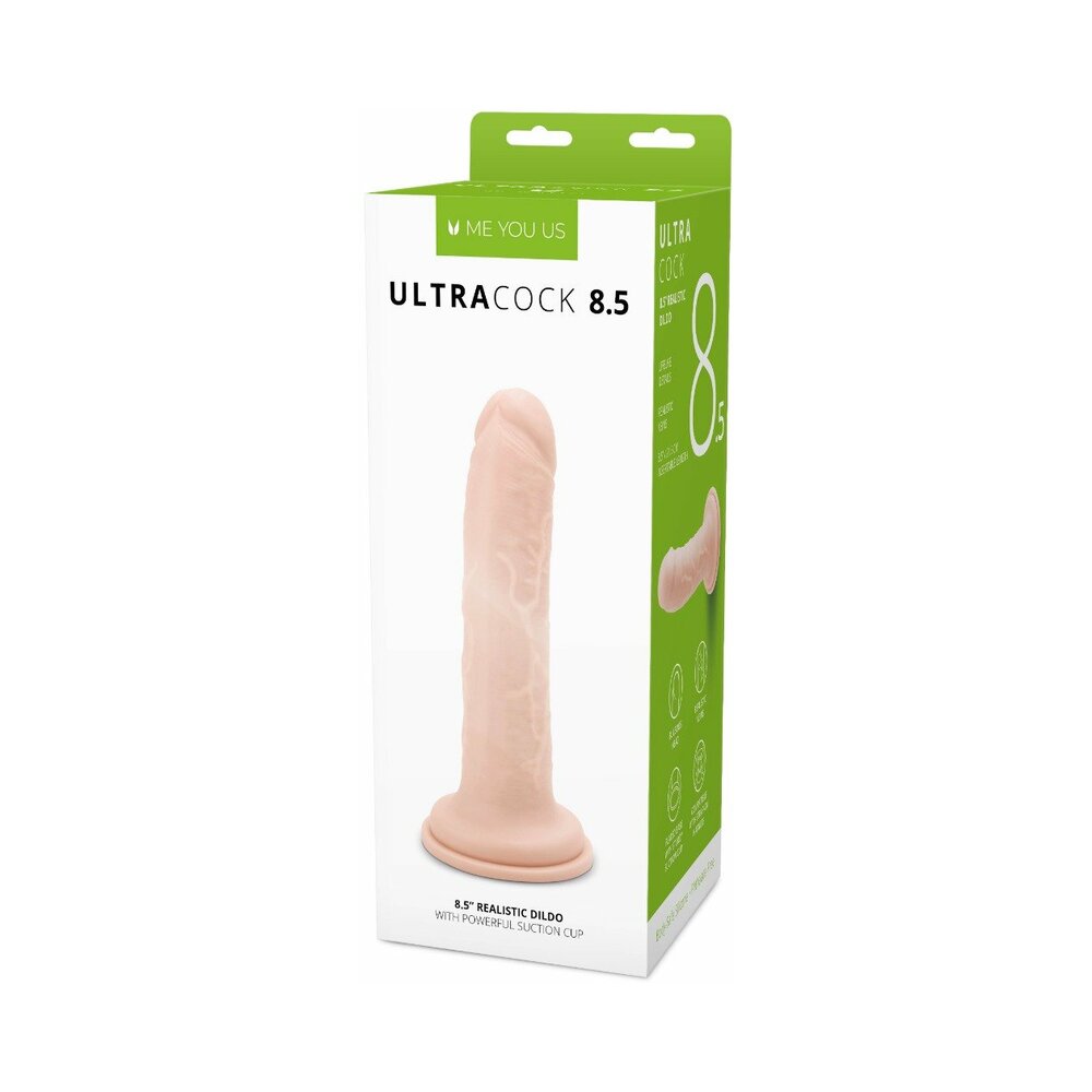 Me You Us Ultra Cock 8.5 in. Realistic Dildo Vanilla with lifelike veins and suction cup base on white background.