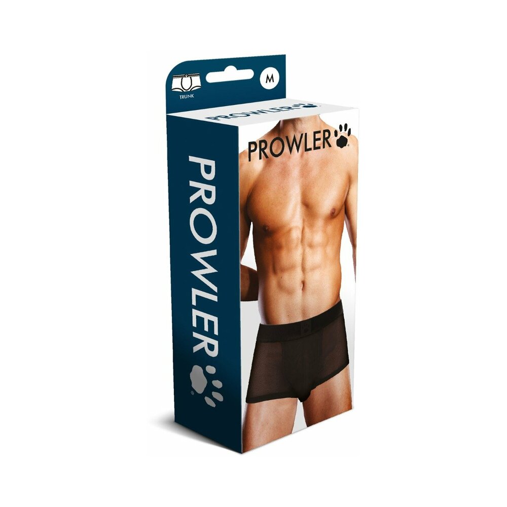 Prowler Mesh Trunk Black M front view showing breathable mesh fabric and low-rise fit on a plain background.