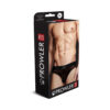 Prowler RED Fishnet Assless Brief Black XL front view on model showing fishnet texture and open back.