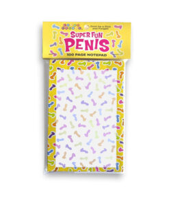 Super Fun Penis Notepad with colorful penis illustrations on a desk