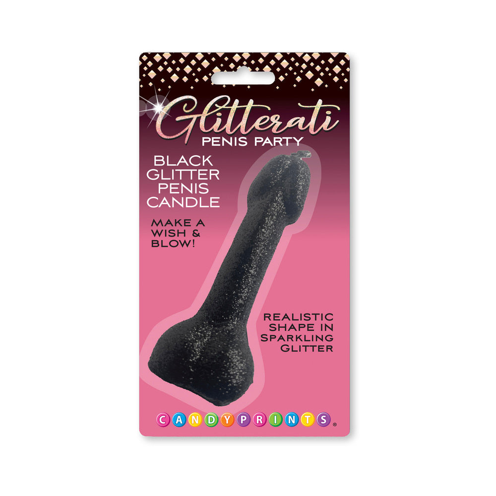 Black Glitter Penis Candle standing on a cake