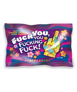 Colorful bag of small middle finger hard candies with 'Fuck You You Fucking Fuck' label