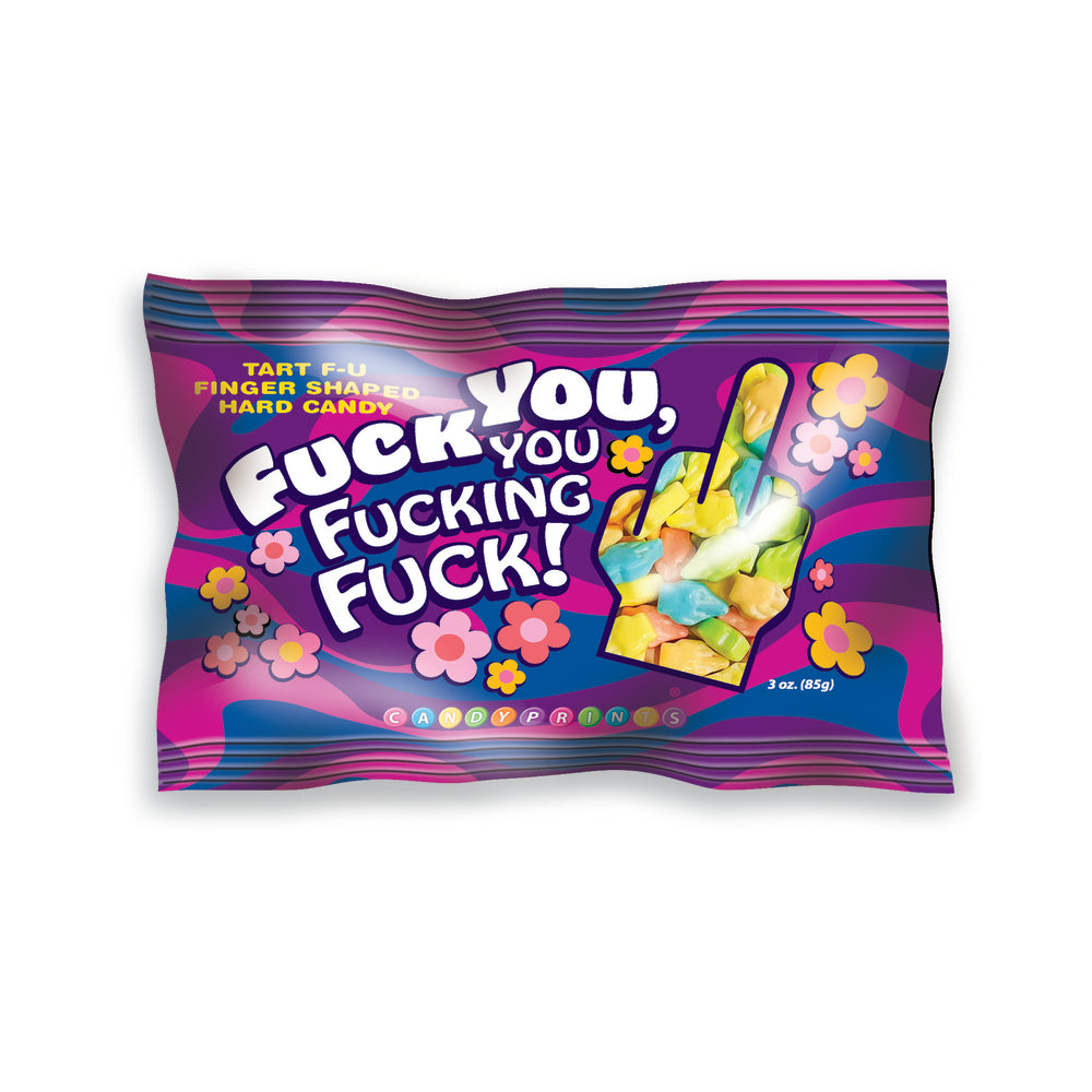 Colorful bag of small middle finger hard candies with 'Fuck You You Fucking Fuck' label