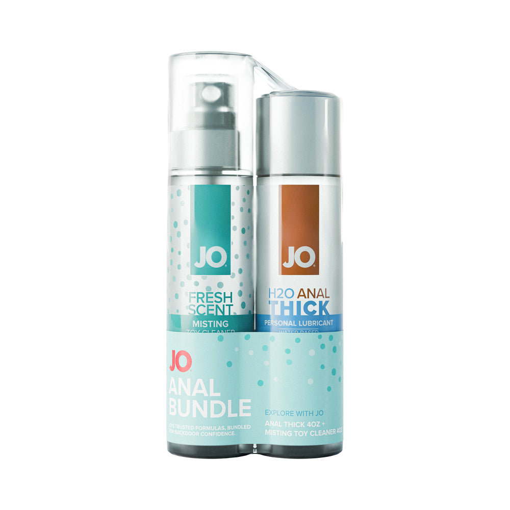 JO Limited Edition Anal Bundle featuring two 4 oz bottles: Anal Thick lubricant and Misting Toy Cleaner on a white background.