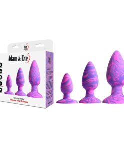Three Adam & Eve silicone anal trainer plugs in graduated sizes on a white surface