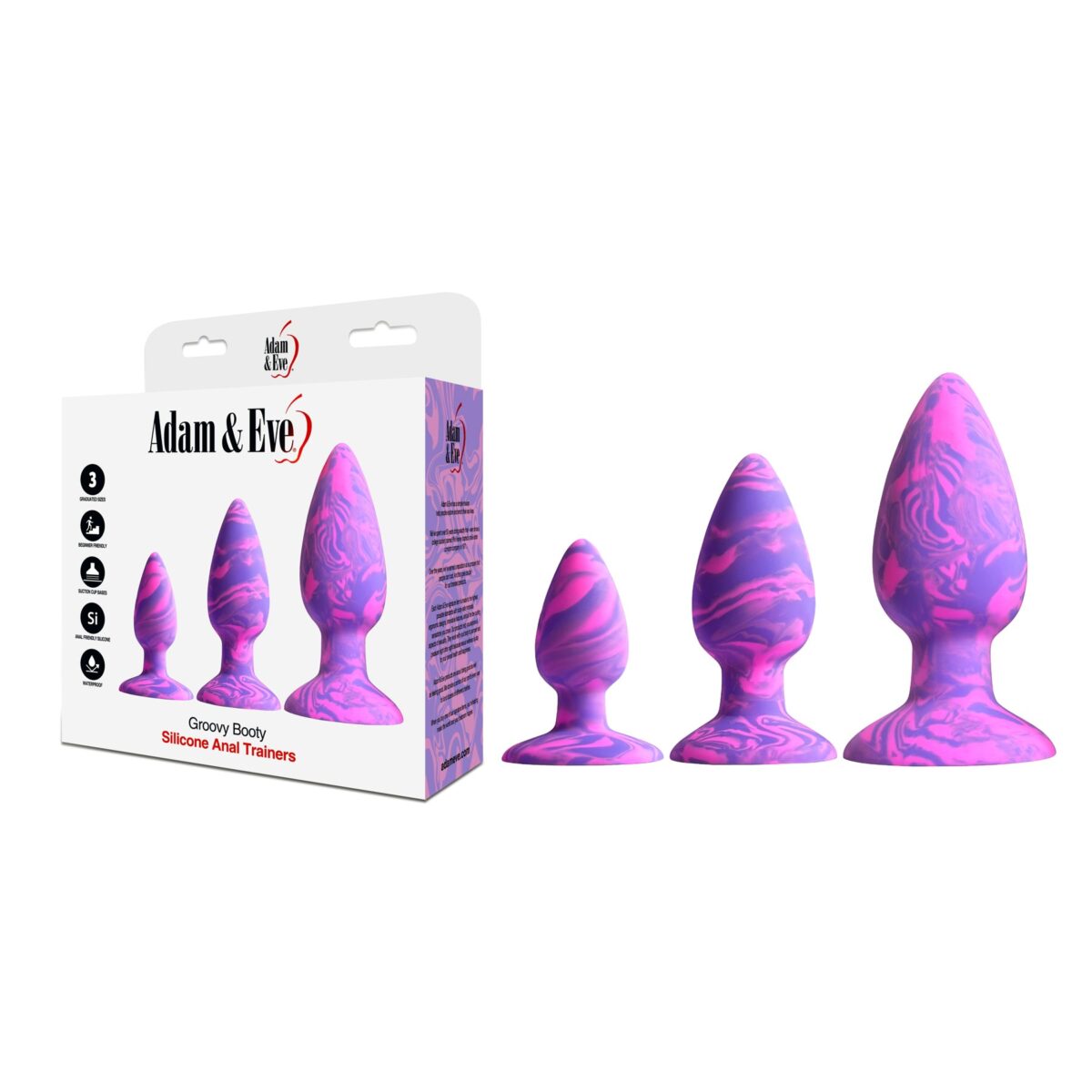 Three Adam & Eve silicone anal trainer plugs in graduated sizes on a white surface