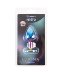 Camtoyz Onix Lumina Anal Plug Iridescent resting on a dark surface
